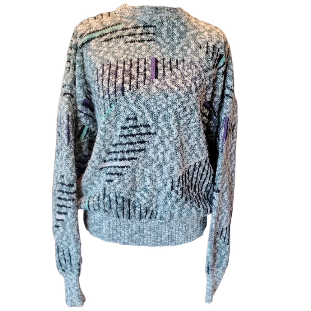 Vintage 80s 90s FLUID Grey Purple Green Geometric Bubble Knit Sweater